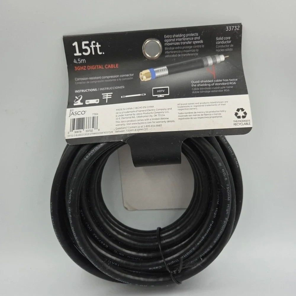 GE 33732 Pro Quad-Shield RG6 Coax Cable 15 ft 4.5m by jasco 2018 New Lot Of 2
